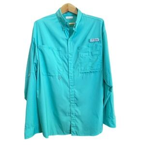 Columbia PFG Mens XL Long Sleeve Fishing Shirt Aqua Blue Omni-Shade  UPF 40